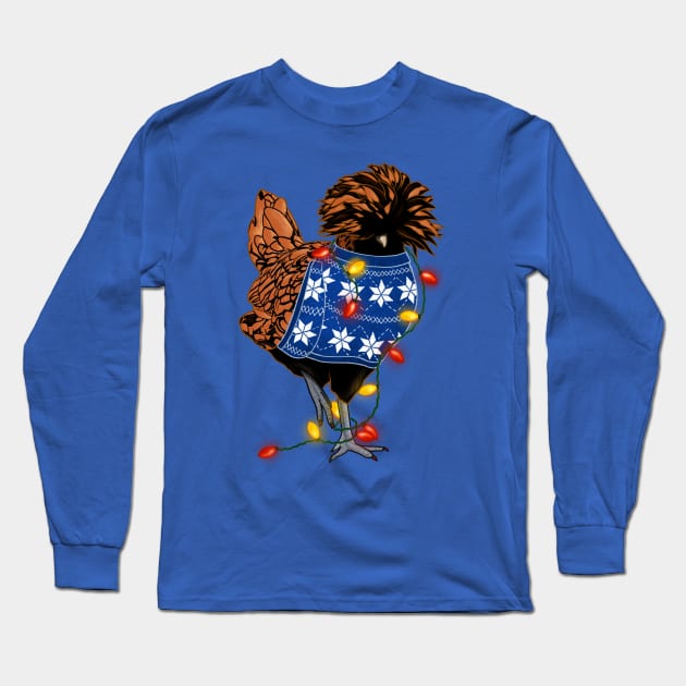 Golden-Laced Polish Chicken In Ugly Christmas Sweater Tangled In Lights Long Sleeve T-Shirt by Ashley D Wilson